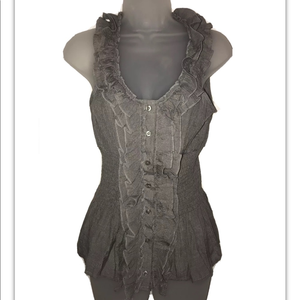 Sleeveless button ruffle shoulder smocked blouse